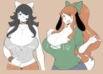  anthro big_breasts black_hair blue_eyes bow breasts brown_hair canine cleavage clothed clothing collar daughter dog ear_piercing fangs hair holly_applebee huge_breasts jewelry maggie_applebee mammal mother mother_and_daughter necklace parent piercing smile theycallhimcake yellow_eyes 