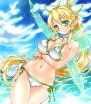  artist_name at_classics bangs bikini blonde_hair blue_sky blush bracelet breast_hold breasts closed_mouth cloud cloudy_sky covered_nipples cowboy_shot day eyebrows_visible_through_hair fairy_wings green_eyes groin hair_between_eyes hand_on_hip jewelry large_breasts leafa long_hair looking_at_viewer navel outdoors pointy_ears ponytail sample side-tie_bikini sidelocks sky smile solo stomach swimsuit sword_art_online thigh_gap traditional_media very_long_hair water watermark wings 