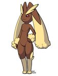  :3 animal_ears artist_name black_sclera bunny_ears dakkpasserida feet full_body furry hand_on_hip looking_at_viewer looking_down lopunny no_humans paws pokemon pokemon_(creature) pokemon_dppt red_eyes signature simple_background smile solo standing text transparent_background 
