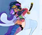  ass bard-bot black_hair comb commentary drawing drawing_sword flower hair_flower hair_ornament highres holding holding_sword holding_weapon looking_at_viewer looking_to_the_side momohime oboro_muramasa purple_legwear red_eyes sheath short_hair sketch solo sword thick_thighs thighhighs thighs unsheathing weapon 