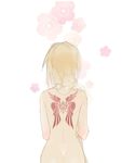  ass back back_tattoo blonde_hair braid fate/apocrypha fate_(series) floral_background from_behind gekka_nanako hair_over_shoulder highres jeanne_d'arc_(fate) jeanne_d'arc_(fate)_(all) long_hair nude single_braid sketch solo tattoo very_long_hair 