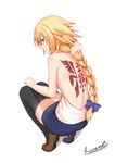 adjusting_hair back back_tattoo backless_outfit black_legwear blonde_hair blue_eyes braid fate/apocrypha fate_(series) jeanne_d'arc_(fate) jeanne_d'arc_(fate)_(all) kaname_(melaninusa09) long_hair looking_back miniskirt shoes single_braid skirt solo squatting tattoo thighhighs very_long_hair white_background 