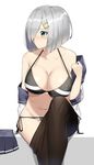  bikini bikini_top blue_eyes breasts cleavage eyebrows_visible_through_hair hair_over_one_eye hamakaze_(kantai_collection) kantai_collection large_breasts looking_away off_shoulder pantyhose pantyhose_pull sailor_collar sailor_shirt shirt short_hair side-tie_bikini silver_hair simple_background sitting skirt skirt_removed solo suzuharu_toufu swimsuit white_background 