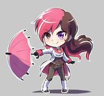  bead_necklace beads black_gloves boots breasts brown_eyes brown_hair check_commentary chibi cleavage commentary_request gloves heterochromia iesupa jewelry long_hair medium_breasts multicolored_hair navel necklace neo_(rwby) parasol pink_hair purple_eyes rwby rwby_chibi smile solo umbrella white_footwear 