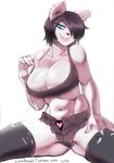  &lt;3 2016 anthro big_breasts black_hair blue_eyes breasts canine cleavage clothed clothing colo cutoffs denim_shorts dog ear_piercing female hair hair_over_eye maggie_applebee mammal piercing shorts simple_background solo tongue tongue_out torn_stockings white_background 