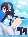  all_fours ass black_hair blue_sky boots brown_eyes cloud commentary_request day full_body headphones highres humboldt_penguin_(kemono_friends) kemono_friends multicolored_hair outdoors pink_hair profile sat-c short_hair sky solo tail water 