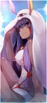  &lt;o&gt;_&lt;o&gt; absurdres animal_ears bangs blush bracelet breasts closed_mouth commentary_request cosplay covered_nipples dark_skin day earrings facial_mark fate/grand_order fate_(series) foreshortening from_side hair_between_eyes highres hoop_earrings jackal_ears jewelry long_hair looking_at_viewer looking_to_the_side medium_breasts medjed medjed_(cosplay) nitocris_(fate/grand_order) nitocris_(swimsuit_assassin)_(fate) one-piece_swimsuit purple_eyes purple_hair sitting smile solo sunlight swimsuit wada_kazu 
