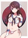  bangs between_legs bikini brave_witches breasts brown_eyes brown_hair cleavage collarbone detached_collar em eyebrows_visible_through_hair gloves hair_ribbon half_updo halterneck hand_between_legs hand_on_own_chest karibuchi_takami large_breasts long_hair looking_at_viewer navel ribbon sailor_collar side-tie_bikini sidelocks sitting skindentation solo swept_bangs swimsuit white_bikini white_gloves world_witches_series 