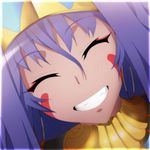  ^_^ absurdres bangs blush closed_eyes commentary_request dark_skin earrings egyptian facial_mark facing_viewer fate/grand_order fate_(series) grin hair_between_eyes hairband highres hoop_earrings jewelry long_hair neck_ring nitocris_(fate/grand_order) portrait purple_hair smile solo wada_kazu 