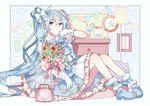  absurdres blue_dress blue_eyes blue_hair bouquet clock dress flower gloves gocoli hatsune_miku highres lamp long_hair mary_janes phone rotary_phone shoes sitting socks solo twintails vocaloid white_gloves 