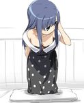  black_bra black_dress blue_eyes blue_hair bra downblouse dress ikezawa_shin leaning_forward long_hair magia_record:_mahou_shoujo_madoka_magica_gaiden mahou_shoujo_madoka_magica nanami_yachiyo polka_dot polka_dot_dress underwear 