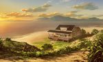  cloud cloudy_sky commentary dao_dao door flower grass highres horizon house landscape mountain mountainous_horizon no_humans ocean outdoors path reflection road sand scenery shore sky stairs sunset tree window 
