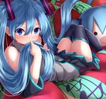  absurdres bare_shoulders beamed_eighth_notes blue_eyes blue_hair commentary_request detached_sleeves eighth_note eyebrows_visible_through_hair hatsune_miku highres long_hair looking_at_viewer musical_note nicoby quarter_note reclining skirt solo thighhighs twintails very_long_hair vocaloid whole_note 