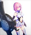  armor armored_dress bangs black_gloves black_legwear black_leotard breasts closed_mouth commentary elbow_gloves fate/grand_order fate_(series) gloves greaves hakusai_(tiahszld) holding holding_shield leotard looking_at_viewer mash_kyrielight medium_breasts navel navel_cutout over-kneehighs pink_hair purple_eyes purple_gloves purple_legwear purple_leotard shield short_hair smile solo standing thigh_strap thighhighs thighs 