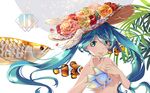  aqua_eyes aqua_hair arowana blush clownfish fish flower hat hatsune_miku jiu_tiao long_hair nail_polish rose sun_hat topless tropical_fish twintails vocaloid 