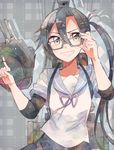  amagiri_(kantai_collection) black_hair glasses grey-framed_eyewear grey_eyes grey_sailor_collar grey_skirt grin itomugi-kun kantai_collection long_hair machinery pleated_skirt sailor_collar school_uniform serafuku short_sleeves side_ponytail skirt smile solo turret very_long_hair 