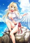  :d ahoge babydoll barefoot bikini blonde_hair blue_sky breasts cloud criss-cross_halter day eyebrows_visible_through_hair fate/grand_order fate_(series) flower green_eyes hair_down hair_intakes halterneck highres large_breasts long_hair looking_at_viewer navel nero_claudius_(fate)_(all) nero_claudius_(swimsuit_caster)_(fate) ocean open_mouth outdoors rock rose see-through sennri_sabanegi side-tie_bikini sitting sky smile solo striped striped_bikini swimsuit white_flower white_rose 