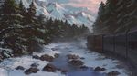  cloud cloudy_sky commentary dao_dao day ground_vehicle highres landscape mountain no_humans outdoors pine_tree railroad_tracks river rock scenery sky snow train tree winter 
