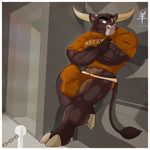  2015 aaron_(artist) abs against_wall anthro biceps big_muscles biped border bouncer bovine brown_eyes brown_fur brown_tail bulge cattle clothed clothing crossed_arms detailed_background digital_media_(artwork) eyebrows front_view full-length_portrait fur hi_res horn jockstrap male mammal marcus_blackshear multicolored_fur muscular muscular_male orange_bottomwear orange_clothing orange_shirt orange_topwear orange_underwear pecs pepsi_(fa) portrait quads raised_eyebrow security shirt signature smile snout solo standing t-shirt tail_tuft tan_hooves tan_horn torn_clothing tuft two_tone_fur underwear white_border 
