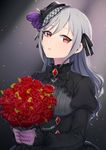  apple_brk bad_id bad_pixiv_id black_dress black_ribbon bouquet butterfly_hair_ornament chain dress flower gloves gothic_lolita hair_between_eyes hair_ornament hair_ribbon head_tilt holding holding_flower idolmaster idolmaster_cinderella_girls idolmaster_cinderella_girls_starlight_stage kanzaki_ranko lolita_fashion long_hair looking_at_viewer parted_lips red_eyes red_flower red_rose ribbon rose silver_hair solo sparkle standing upper_body 