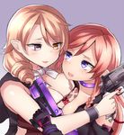  blonde_hair breasts chloe_marie choker cleavage commentary_request detached_sleeves drill_hair elbow_gloves gloves gradient gradient_background gun handgun heterochromia holding holding_gun holding_weapon large_breasts multiple_girls neit_ni_sei open_mouth orange_hair original pistol pointy_ears purple_eyes shirt sleeveless sleeveless_shirt smile trigger_discipline twin_drills upper_body weapon wristband yellow_eyes 
