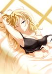  arm_behind_head armpits ayasato_karen bed blonde_hair blue_eyes breasts collarbone dutch_angle granblue_fantasy hand_on_own_stomach highres large_breasts long_hair looking_at_viewer lying messy_hair on_back on_bed one_eye_closed open_mouth solo strap_slip tank_top upper_body waking_up window zeta_(granblue_fantasy) 