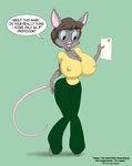  anthro big_breasts breasts clothed clothing dialogue doug_winger english_text female hair huge_breasts mammal mouse nipple_bulge nipples open_mouth rodent simple_background smile solo text thick_thighs 