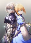  ahoge armor armored_dress artoria_pendragon_(all) back-to-back blonde_hair blue_dress blue_eyes blue_hair chromatic_aberration dress excalibur eyebrows_visible_through_hair fate/apocrypha fate/grand_order fate/stay_night fate_(series) gauntlets green_eyes grey_background highres holding holding_sword holding_weapon jeanne_d'arc_(fate) jeanne_d'arc_(fate)_(all) long_hair looking_at_viewer multiple_girls saber sheath sheathed sidelocks silver_hair smile sword takatou_suzunosuke weapon 