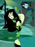  1boy 1girl ass bent_over black_hair bodysuit bottomless door green_eyes kim_possible lamp light long_hair shego spandex table 