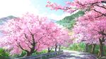  cherry_blossoms cloud commentary dao_dao day evening forest grass hill landscape mountain nature no_humans original outdoors plant road rock scenery sky tree 