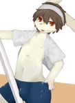  4_fingers brown_eyes brown_hair bulge clothed clothing cub fur hair hand_on_hip headband kakusanovo lagomorph male mammal navel nipples open_shirt pole rabbit shorts simple_background solo tongue tongue_out white_fur young 