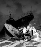  anchor boat collision commentary destroyer greyscale highres historical_event matsuda_juukou military military_vehicle monochrome ocean real_life ship silhouette torpedo_boat torpedo_tubes warship water watercraft 
