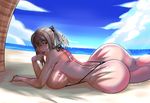  1girl aranea_highwind ass back beach bikini bow breasts clothing devil-v female final_fantasy final_fantasy_xv finger_to_mouth hair huge_ass light-skinned light-skinned_female looking_back lying navel ocean on_stomach open_mouth outdoors pose purple_eyes sand shiny shiny_hair shiny_skin short_hair sideboob silver_hair sling_bikini smile solo swimsuit thong_bikini toned water wide_hips 