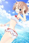  absurdres bikini_skirt blanc blue_eyes blush brown_hair flower hair_flower hair_ornament hand_up highres neptune_(series) one_eye_closed ramu-on@_shinon smile solo splashing swimsuit water wristband 