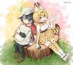  :d animal_ears backpack backpack_removed bag bangs black_eyes black_hair black_legwear blonde_hair blush bow bowtie breasts brown_footwear closed_mouth commentary_request dot_nose elbow_gloves eyebrows_visible_through_hair fingernails gloves grass hair_between_eyes hat hat_feather helmet holding_hands kaban_(kemono_friends) kemono_friends light_brown_eyes looking_at_viewer looking_up medium_breasts multiple_girls open_mouth pantyhose pith_helmet red_shirt serval_(kemono_friends) serval_ears serval_print serval_tail sharp_fingernails shirt shoes short_hair short_sleeves shorts signature sitting skirt sleeveless sleeveless_shirt slit_pupils smile tail tree_stump umiroku waving white_footwear white_shirt white_shorts yellow_skirt 