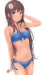  absurdres bikini black_hair blue_bikini blue_eyes cowboy_shot criss-cross_halter dark_skin flower hair_flower hair_ornament halter_top halterneck highres kashiwamochi_roko long_hair looking_at_viewer navel original side-tie_bikini simple_background solo swimsuit white_background 