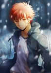  blurry blurry_background closed_mouth collarbone commentary_request emiya_shirou emiya_shirou_(prisma_illya) fate/kaleid_liner_prisma_illya fate_(series) hood hooded_jacket jacket long_sleeves looking_at_viewer male_focus orange_eyes red_hair scar scar_across_eye serious shirt snow snowing sol_(tvtjk7ubec) solo sword unlimited_blade_works upper_body weapon white_shirt 