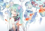  ahoge aqua_eyes aqua_hair arms_behind_back commentary_request fish flower from_above hair_flower hair_ornament hatsune_miku long_hair minland4099 school_uniform serafuku solo twintails vocaloid wind_chime 