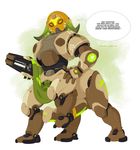  2017 abstract_background blizzard_entertainment english_text erection green_background hooves horn living_machine machine male merunyaa nude omnic orisa_(overwatch) overwatch penis simple_background solo speech_bubble text url video_games 
