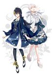  adapted_costume black_hair black_legwear blue_eyes bow dress egasumi genderswap genderswap_(mtf) hood mikazuki_munechika multiple_girls open_mouth pantyhose sayagata smile touken_ranbu tsurumaru_kuninaga wedge_heels white_hair yellow_eyes yunan_(gszw2542) 