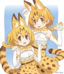  :3 :d animal_ears armpit_peek bare_shoulders blonde_hair blush_stickers bow bowtie breast_pocket breasts commentary dot_nose elbow_gloves eyebrows_visible_through_hair gloves hair_between_eyes kemono_friends light_brown_eyes looking_at_viewer medium_breasts multiple_views open_mouth paw_pose pocket serval_(kemono_friends) serval_ears serval_print serval_tail shirt short_hair signature skirt smile tail umiroku white_gloves white_shirt yellow_skirt 