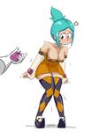  1girl aqua_hair aqua_lipstick artist_request black_eyes blue_hair boots cerebella_(skullgirls) cleavage dark_skin detached_sleeves dildo dress eye_shadow facial_mark green_nails knees_together_feet_apart leaning_forward orange_dress painted_nails pointy_shoes ponytail pussy_juice remote_control remote_control_vibrator short_dress short_hair simple_background skullgirls solo source_request strapless strapless_dress thigh_boots trembling vibrator white_gloves 