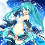  aqua_eyes aqua_hair beamed_eighth_notes blush cloud commentary_request day eighth_note fang gloves groin half_note hatsune_miku index_finger_raised long_hair microphone musical_note musical_note_print navel one_eye_closed open_mouth quarter_note roman_numerals sixteenth_note skirt sky solo staff_(music) sukage thighhighs treble_clef twintails very_long_hair vocaloid 