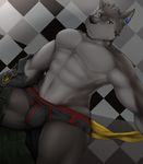  2016 abs anthro black_nose bulge canine clothed clothing dutch_angle familiar_(pixiv) fur green_eyes grey_fur looking_at_viewer male mammal navel solo topless underwear undressing wolf 