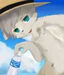  4_fingers blue_eyes blue_nose canine cloud fur grey_hair hair hat kakusanovo male mammal navel open_mouth sky solo water_bottle wet white_fur young 