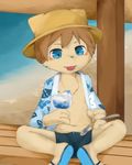  anthro blue_eyes blush brown_fur brown_hair bulge canine clothed clothing cub dog fur hair hat kakusanovo male mammal navel open_shirt shorts sitting solo spoon water young 