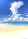  bare_legs barefoot beach blue_skirt blue_sky brown_hair cloud commentary day from_behind highres horizon ocean original outdoors pleated_skirt ponytail sand scenery seascape shirt shore short_sleeves sidelocks signature skirt sky solo standing twitter_username umiroku waves white_shirt 