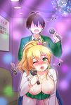  1boy 1girl areolae blonde_hair blush breasts brown_hair clothed_sex gal green_eyes hajimete_no_gal hashiba_junichi hetero karaoke large_breasts microphone necklace nipples one_eye_closed open_clothes ponytail school_uniform sex text yame_yukana 