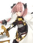  astolfo_(fate) black_bow blood blood_on_face bow braid fate/apocrypha fate/grand_order fate_(series) garter_straps hair_intakes hair_ribbon highres kei_(soundcross) lance male_focus multicolored_hair pink_hair polearm purple_eyes ribbon single_braid streaked_hair weapon 