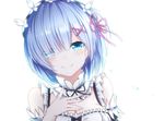  black_ribbon blue_eyes blue_hair breasts choker cleavage detached_sleeves eyebrows_visible_through_hair hair_between_eyes hair_over_one_eye hair_ribbon hand_on_own_chest head_wreath maid medium_breasts neck_ribbon nya_rl pink_ribbon portrait re:zero_kara_hajimeru_isekai_seikatsu rem_(re:zero) ribbon ribbon-trimmed_sleeves ribbon_trim short_hair simple_background smile solo white_background 